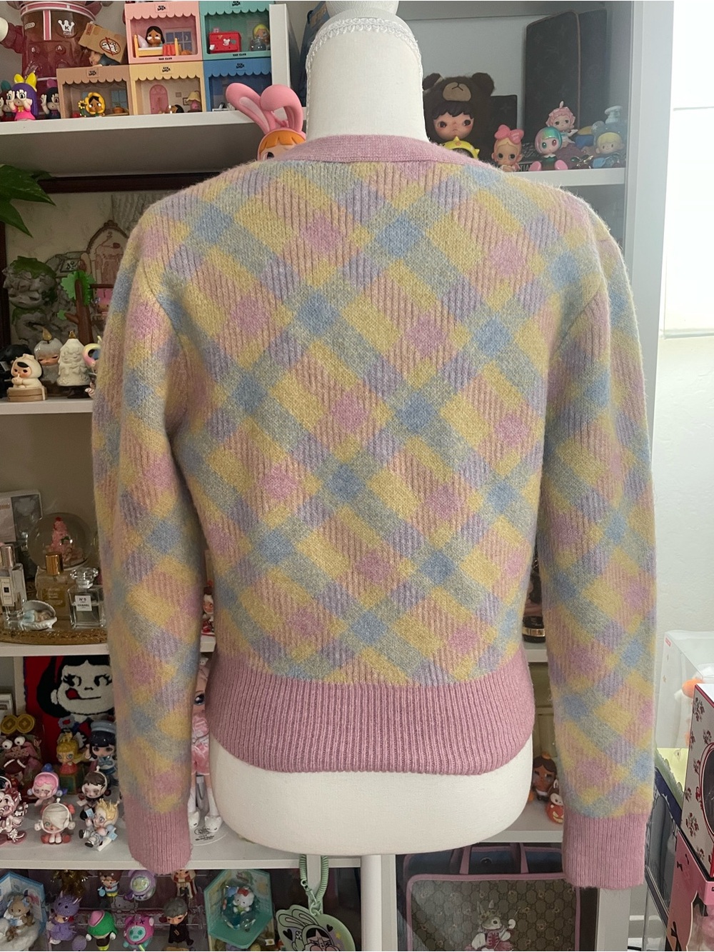 Zara Pastel Argyle Fuzzy Knit Cardigan Jewel Button Sweater Size M - Picture 4 of 11